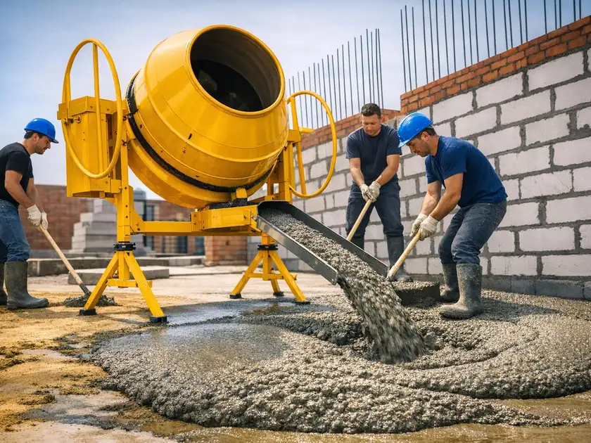 Equipe de obra descarregando concreto de uma betoneira amarela